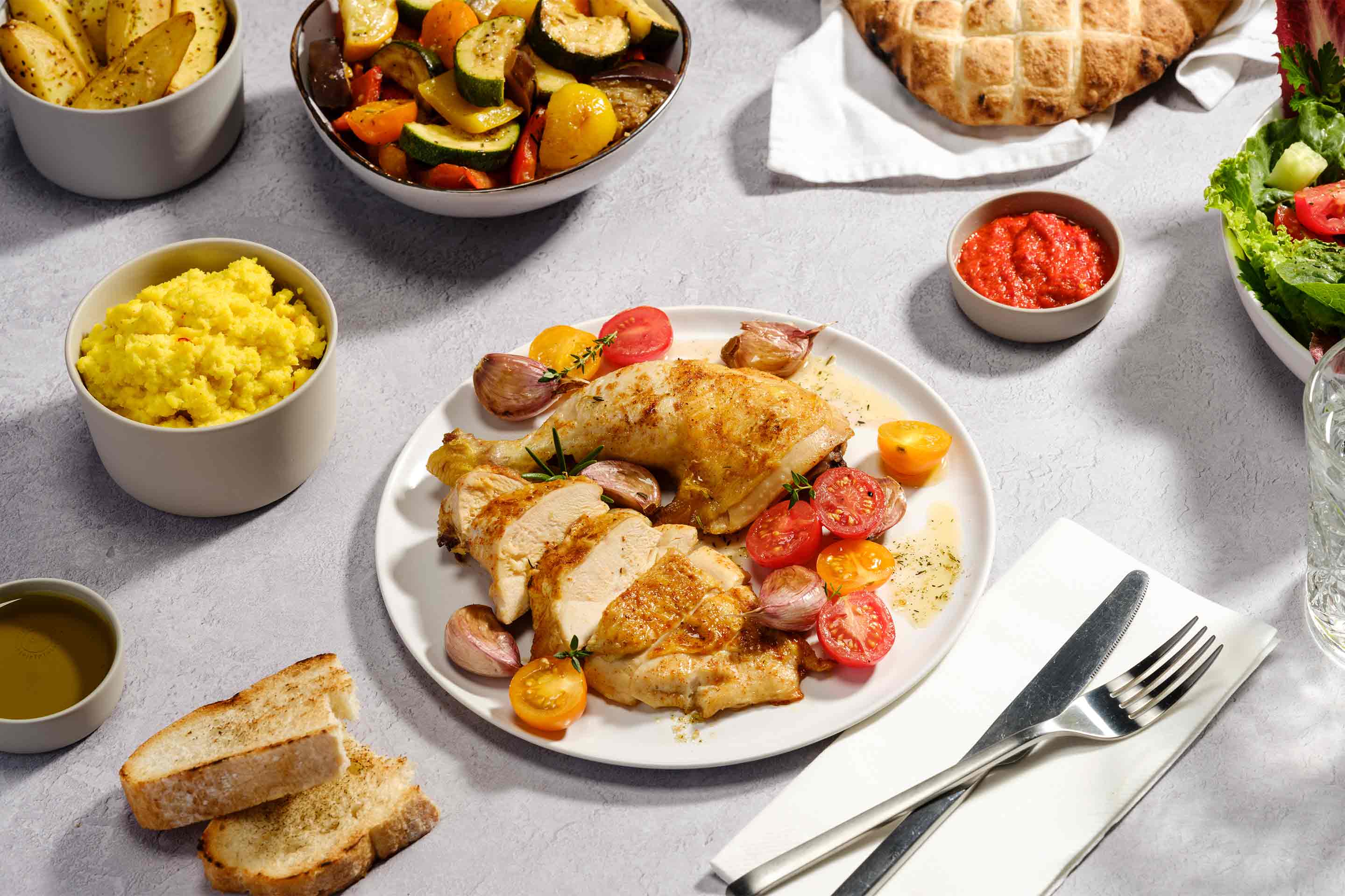 Пилешко бутче и гърди сервирани в чиния със зеленчуци на фурна. Поднесени с още зеленчуци в купа, зелена салата и питка.