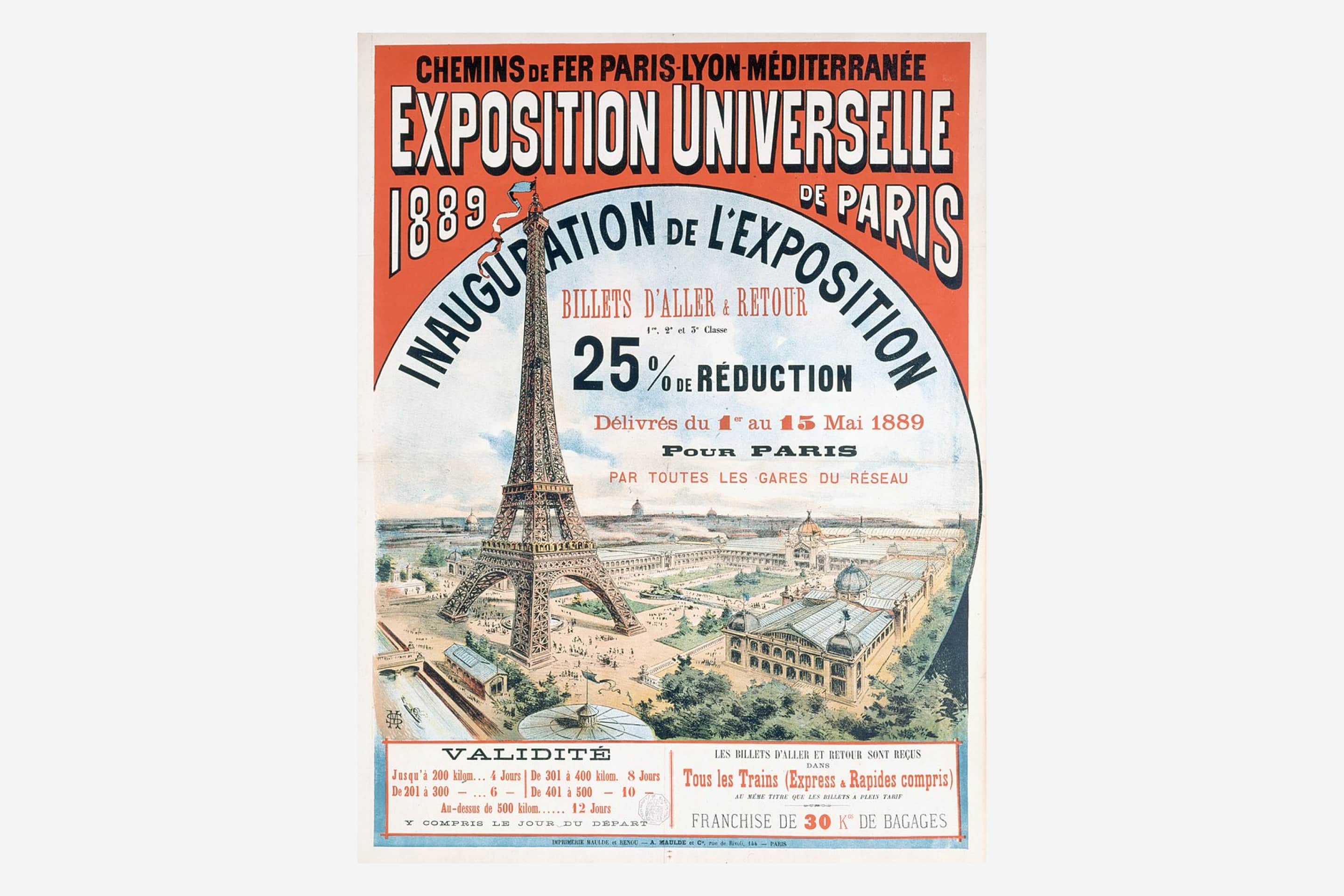 Плакат на изложение в Париж през 1889 г. с рисунка на Айфеловата кула.